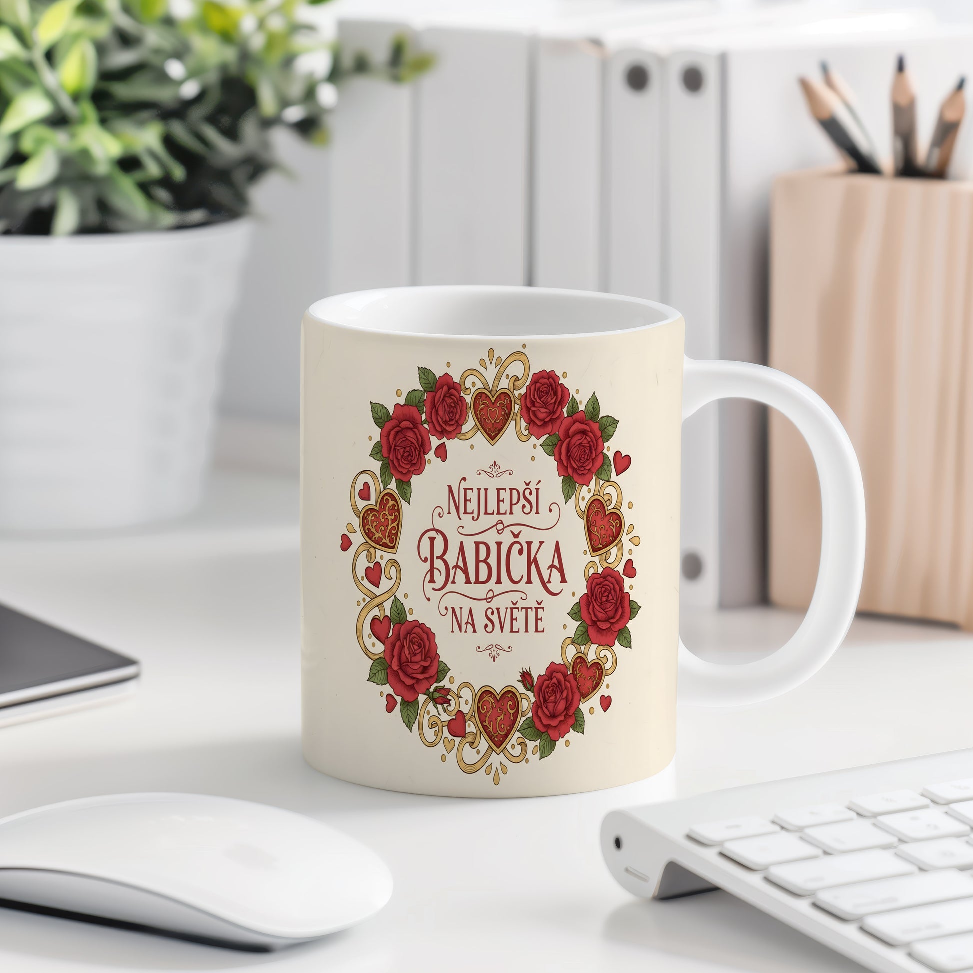 Hrnek s červenými růžemi a zlatými srdci pro nejlepší babičku na světě.