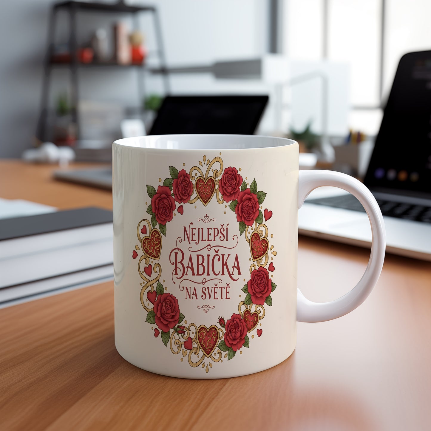 Hrnek s červenými růžemi a zlatými srdci pro nejlepší babičku na světě.