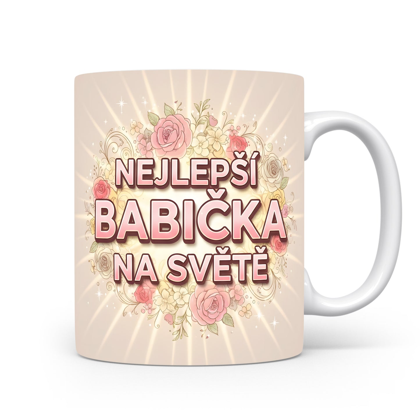 Hrnek s nápisem NEJLEPŠÍ BABIČKA NA SVĚTĚ a květinovým vzorem.