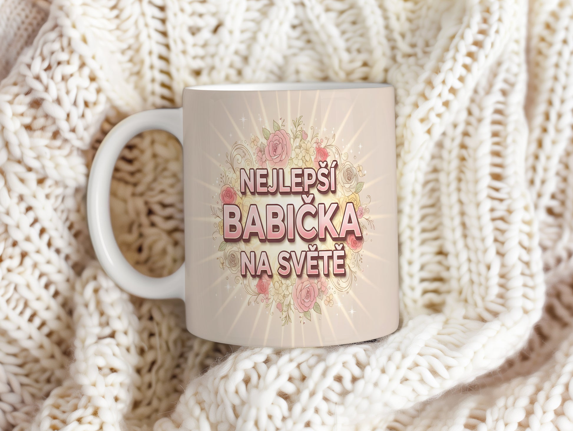 Hrnek s nápisem NEJLEPŠÍ BABIČKA NA SVĚTĚ a květinovým vzorem.