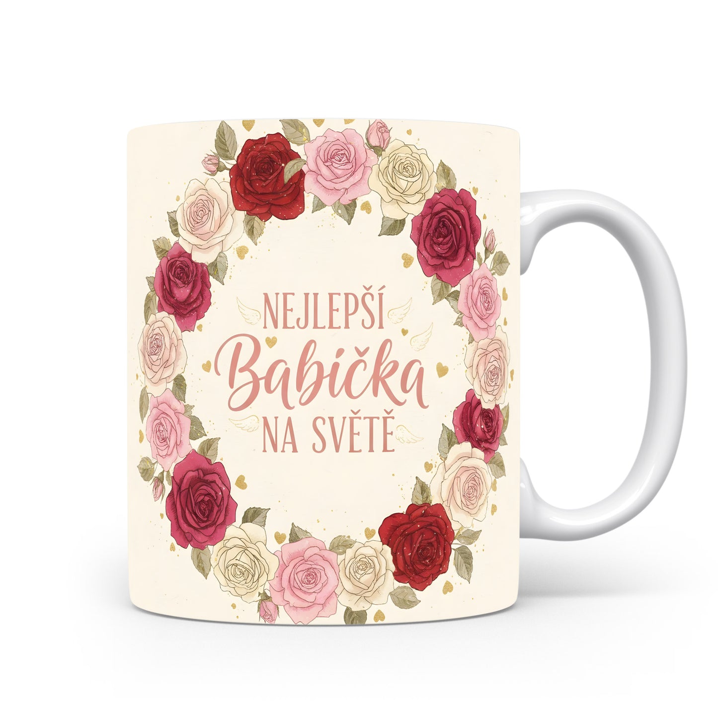 Hrnek s nápisem Nejlepší babička na světě a věncem růží.