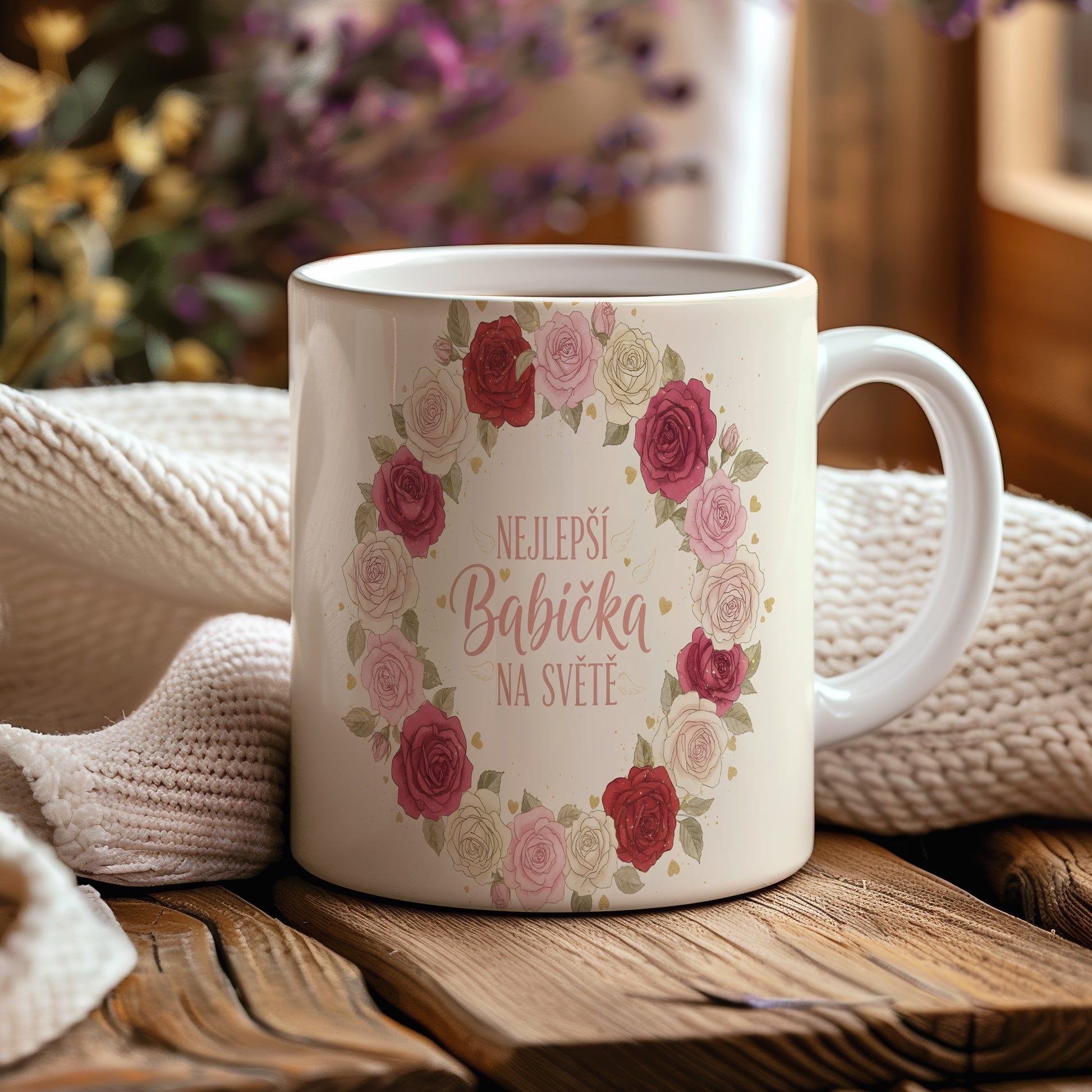 Hrnek s nápisem Nejlepší babička na světě a věncem růží.