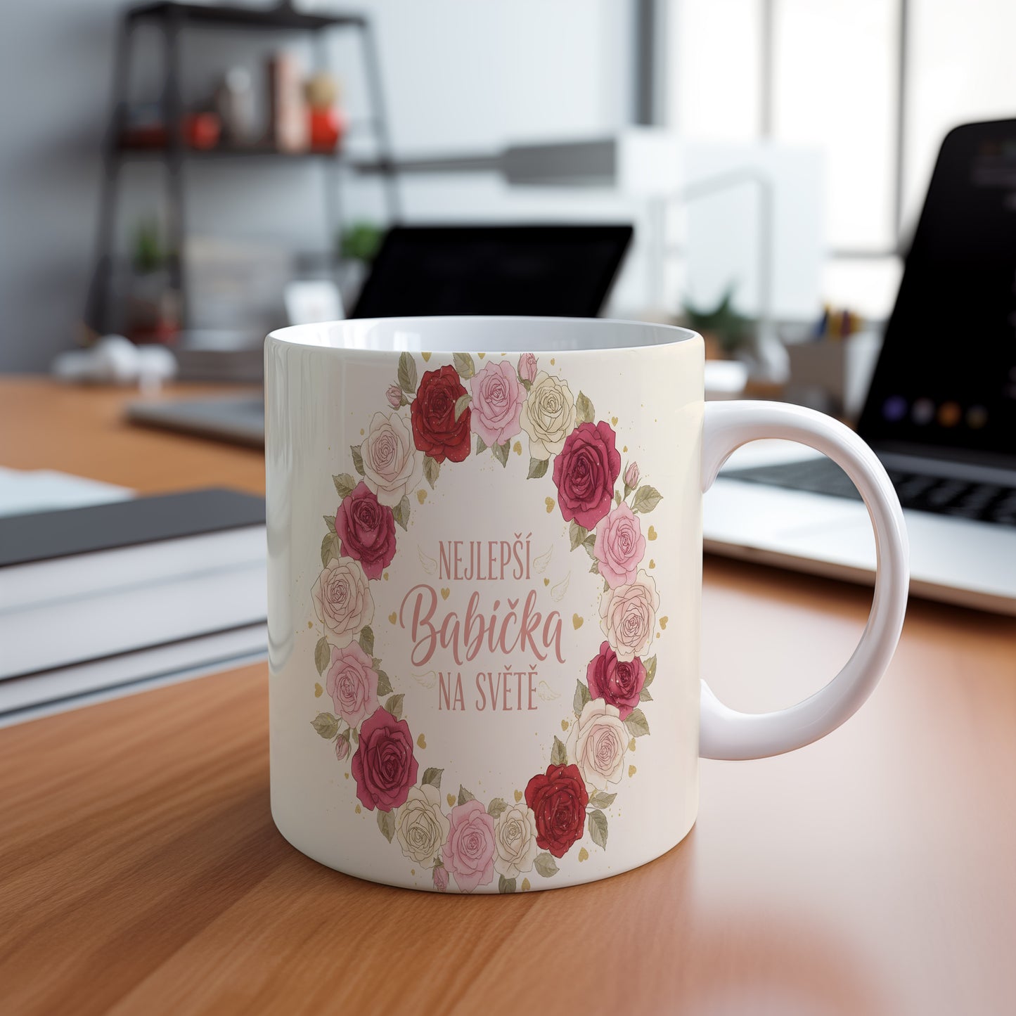 Hrnek s nápisem Nejlepší babička na světě a věncem růží.