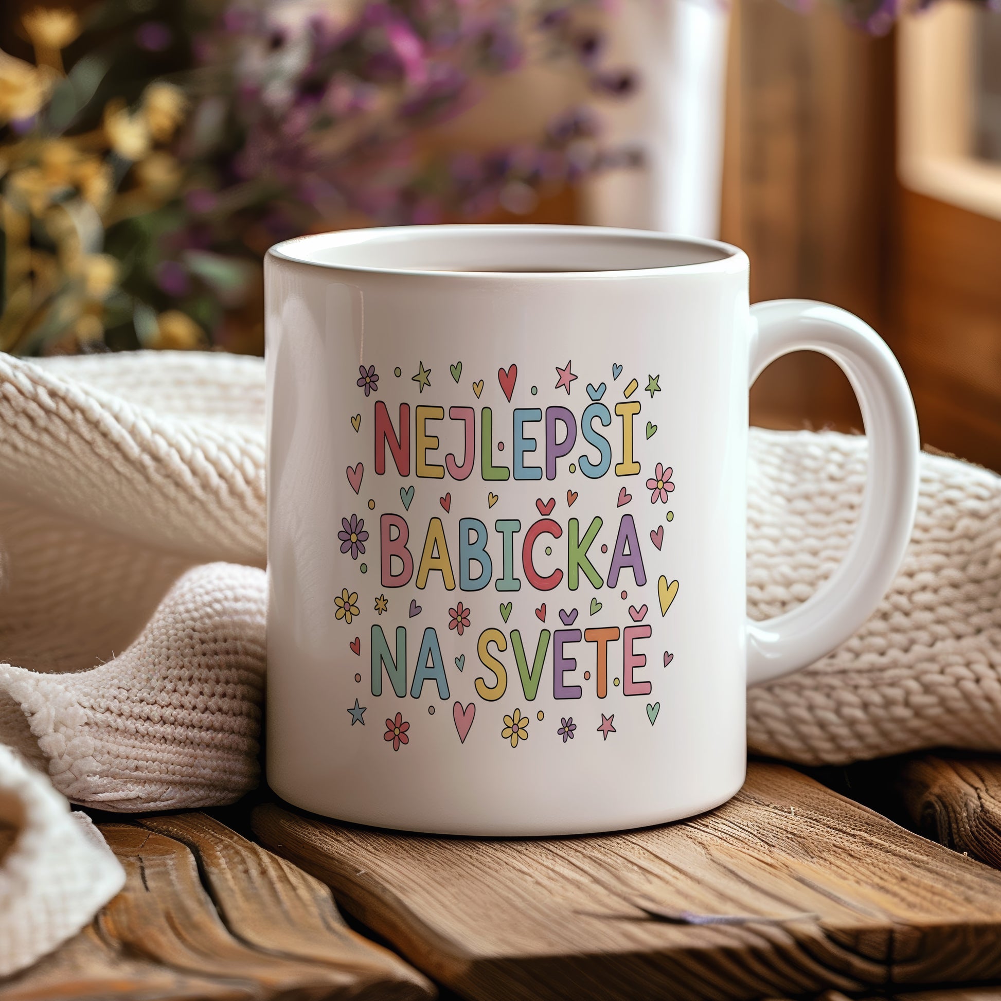 Bílý hrnek s barevnými nápisy, srdci a květinami.