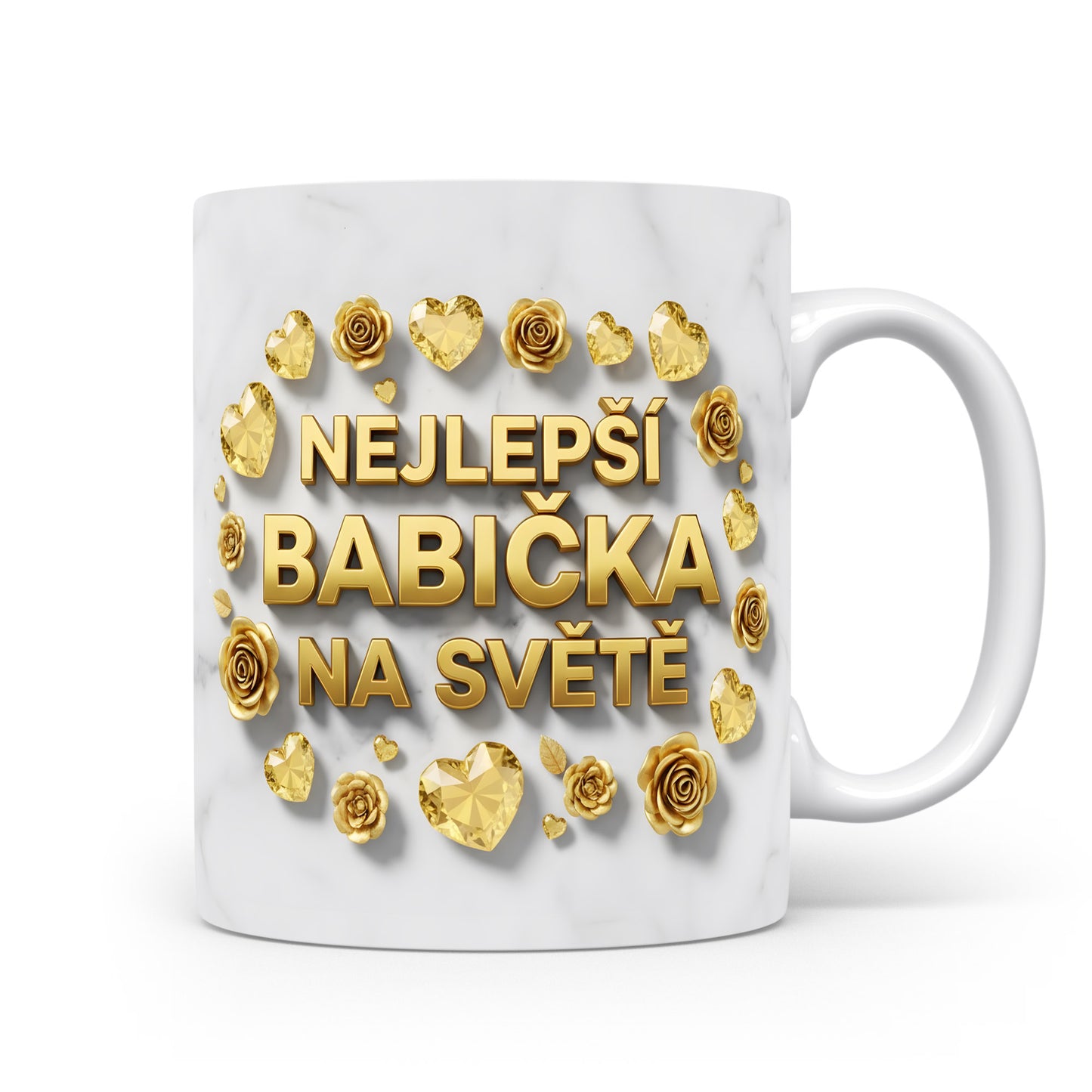 Hrnek s nápisem NEJLEPŠÍ BABIČKA NA SVĚTĚ, zdobený zlatými růžemi a srdci na mramorovém pozadí.