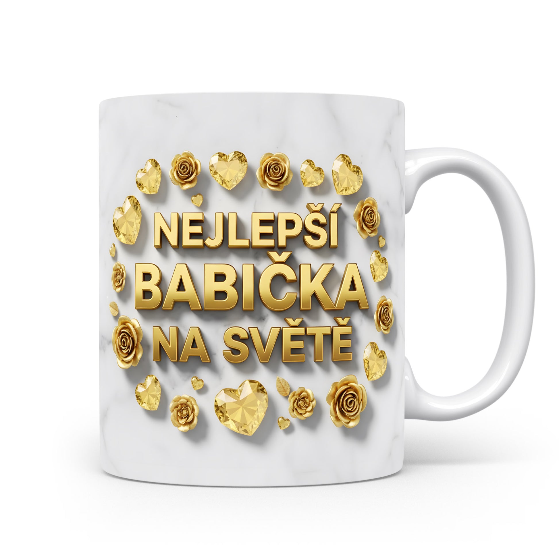 Hrnek s nápisem NEJLEPŠÍ BABIČKA NA SVĚTĚ, zdobený zlatými růžemi a srdci na mramorovém pozadí.