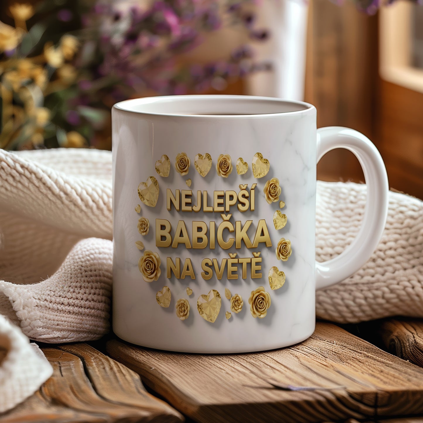 Hrnek s nápisem NEJLEPŠÍ BABIČKA NA SVĚTĚ, zdobený zlatými růžemi a srdci na mramorovém pozadí.