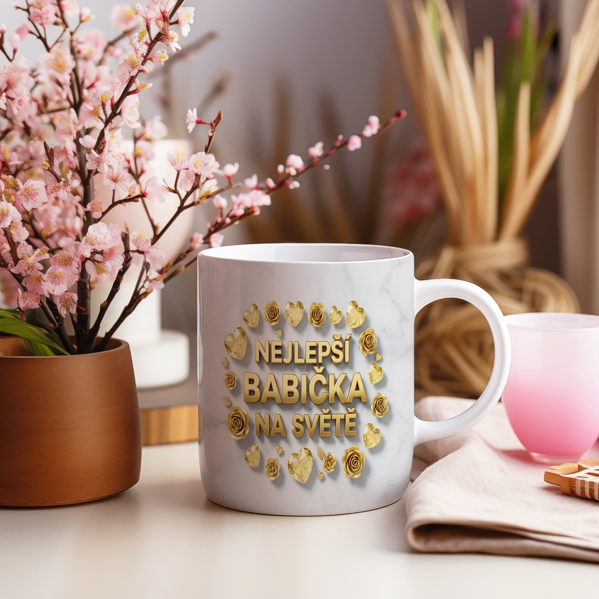 Hrnek s nápisem NEJLEPŠÍ BABIČKA NA SVĚTĚ, zdobený zlatými růžemi a srdci na mramorovém pozadí.