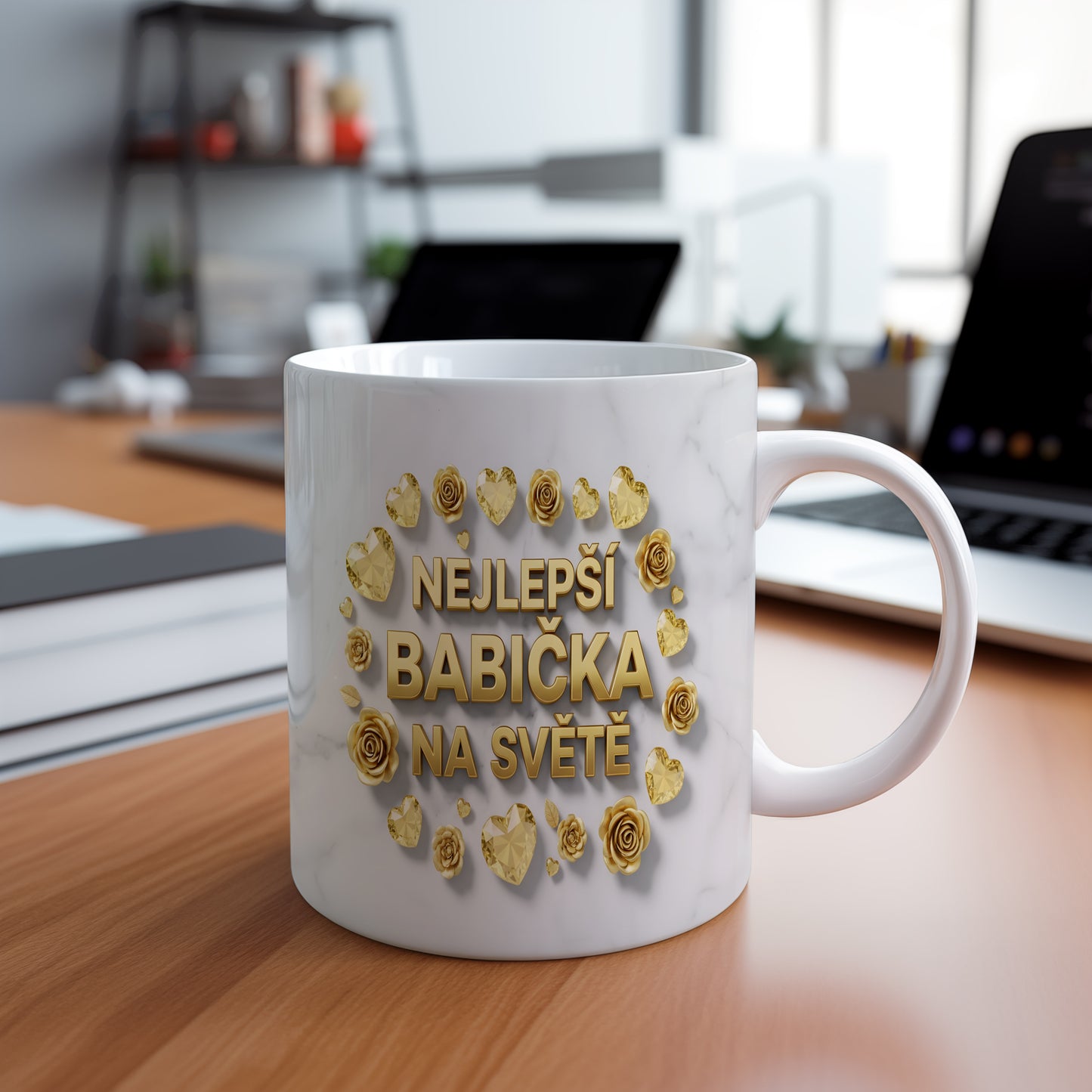Hrnek s nápisem NEJLEPŠÍ BABIČKA NA SVĚTĚ, zdobený zlatými růžemi a srdci na mramorovém pozadí.