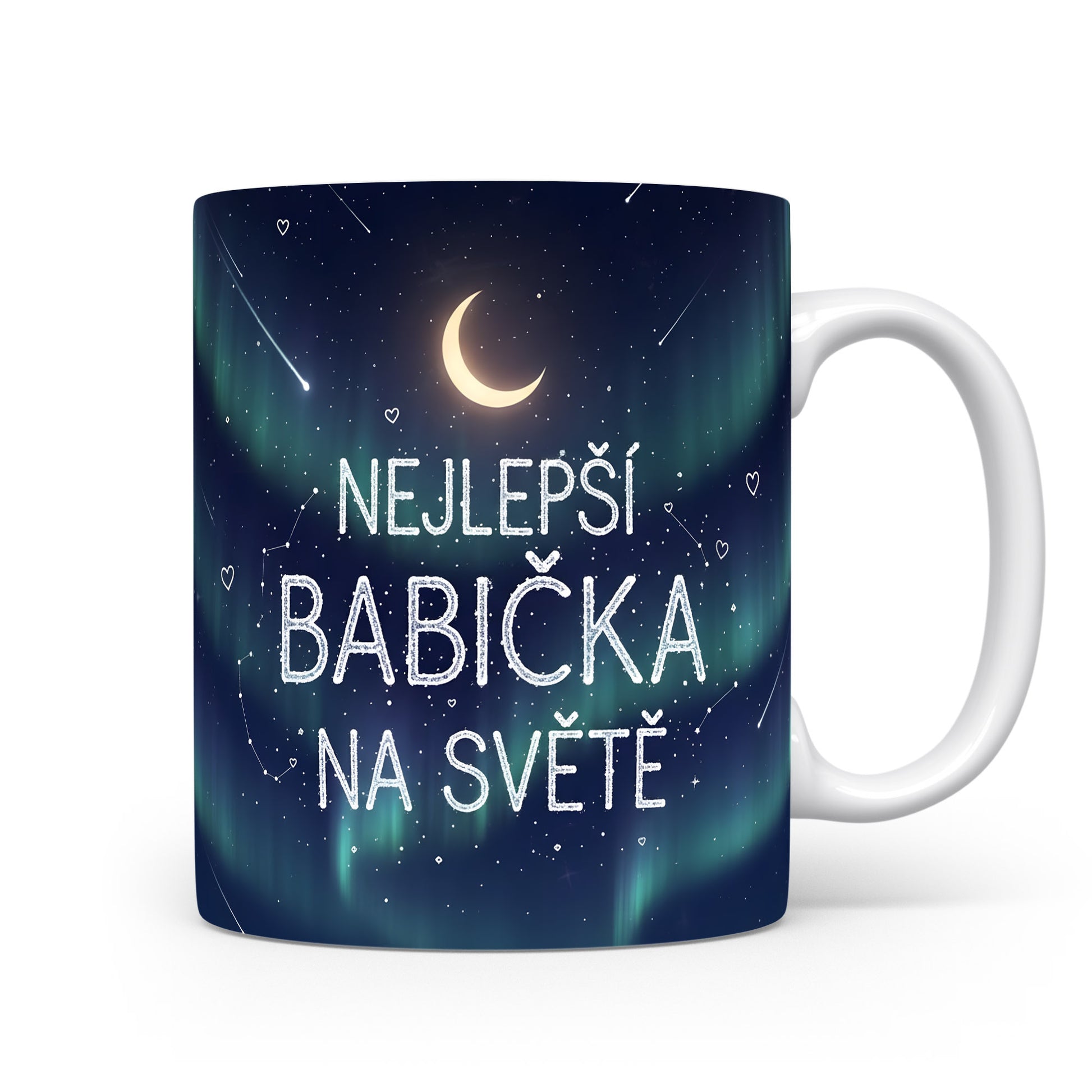 Hrnek s nápisem 'NEJLEPŠÍ BABIČKA NA SVĚTĚ' a motivem hvězd a měsíce.