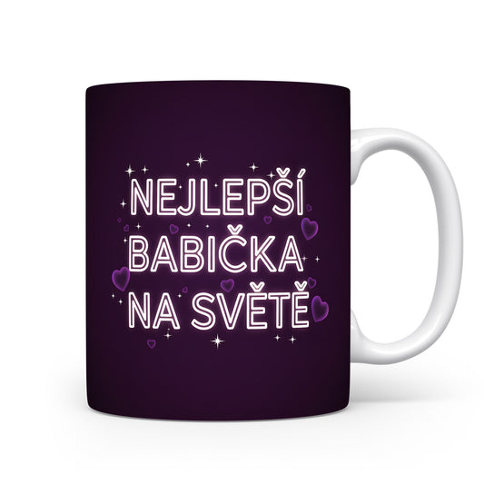 Tmavě fialový hrnek s nápisem a motivy srdcí a hvězd.