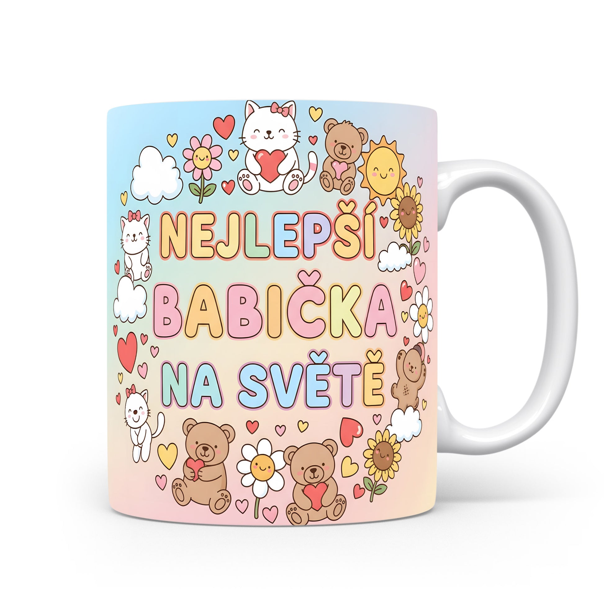 Hrnek s nápisem NEJLEPŠÍ BABIČKA NA SVĚTĚ a roztomilými motivy.