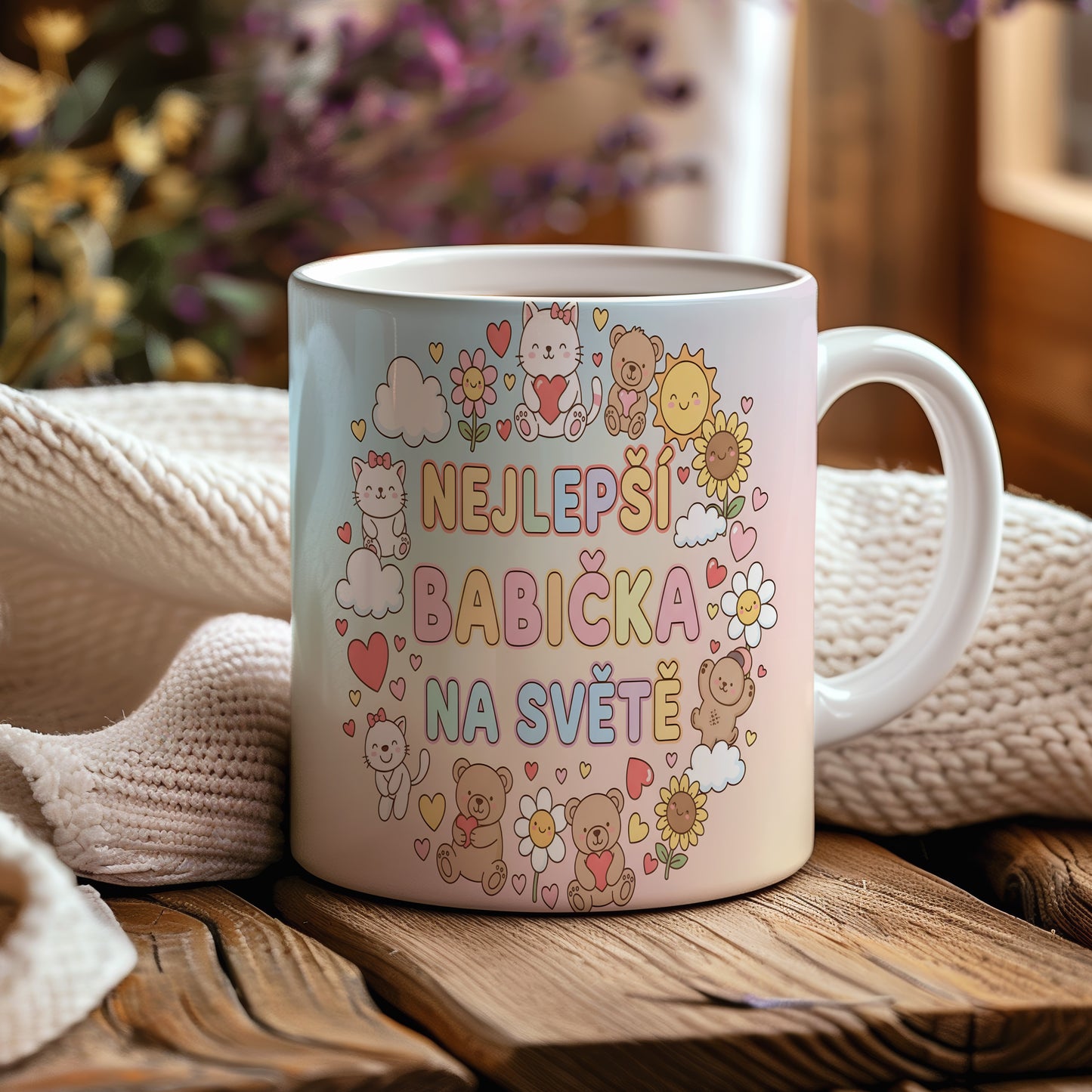 Hrnek s nápisem NEJLEPŠÍ BABIČKA NA SVĚTĚ a roztomilými motivy.