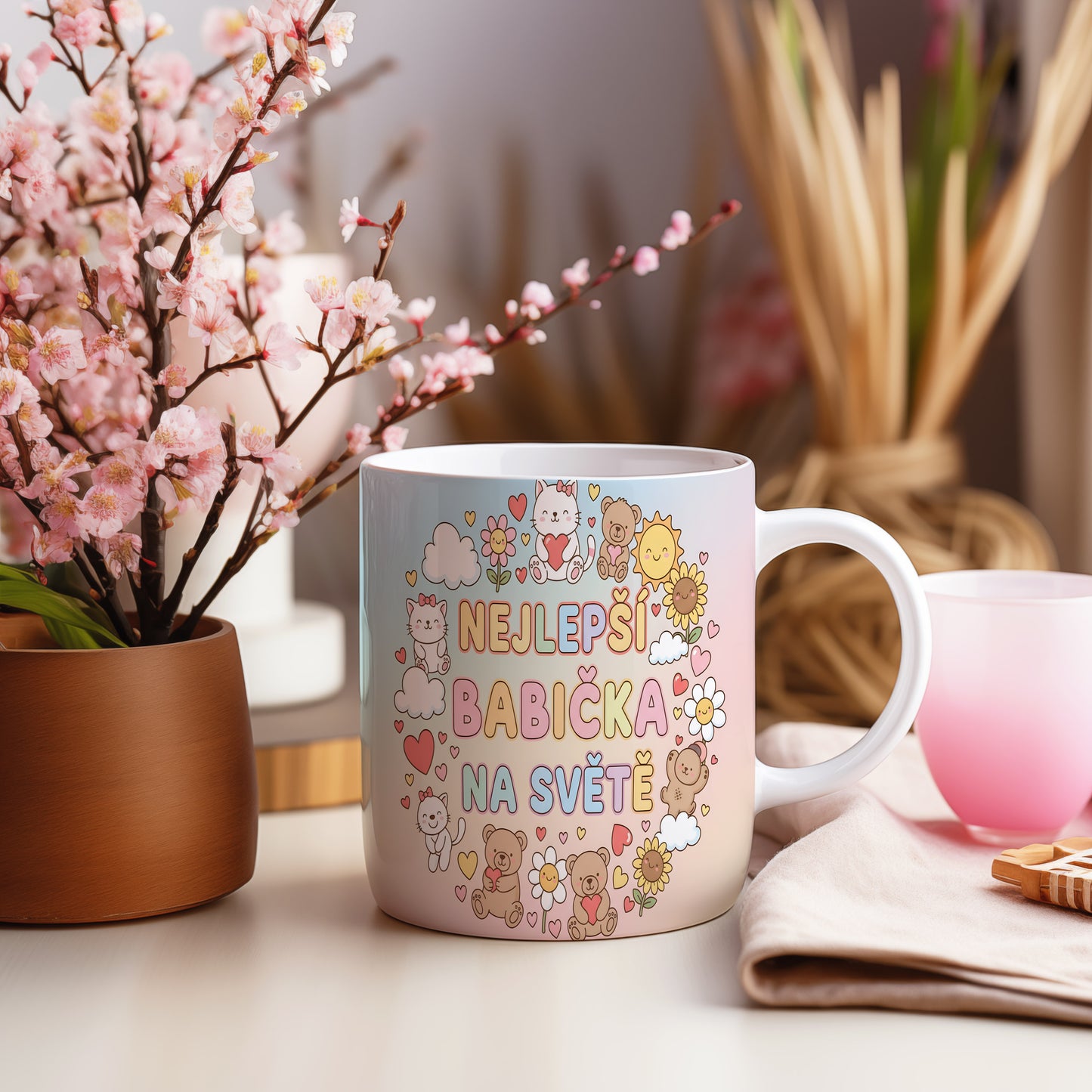 Hrnek s nápisem NEJLEPŠÍ BABIČKA NA SVĚTĚ a roztomilými motivy.