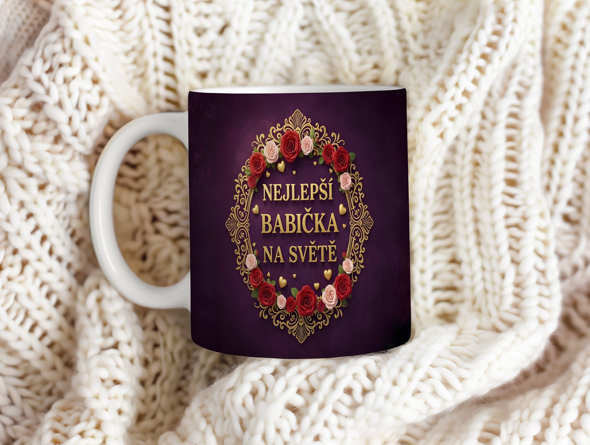 Hrnek s nápisem NEJLEPŠÍ BABIČKA NA SVĚTĚ, zdobený květinovým věncem.