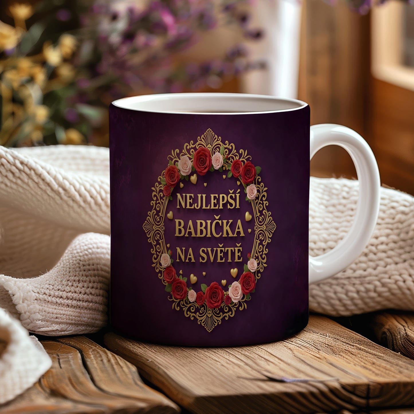 Hrnek s nápisem NEJLEPŠÍ BABIČKA NA SVĚTĚ, zdobený květinovým věncem.