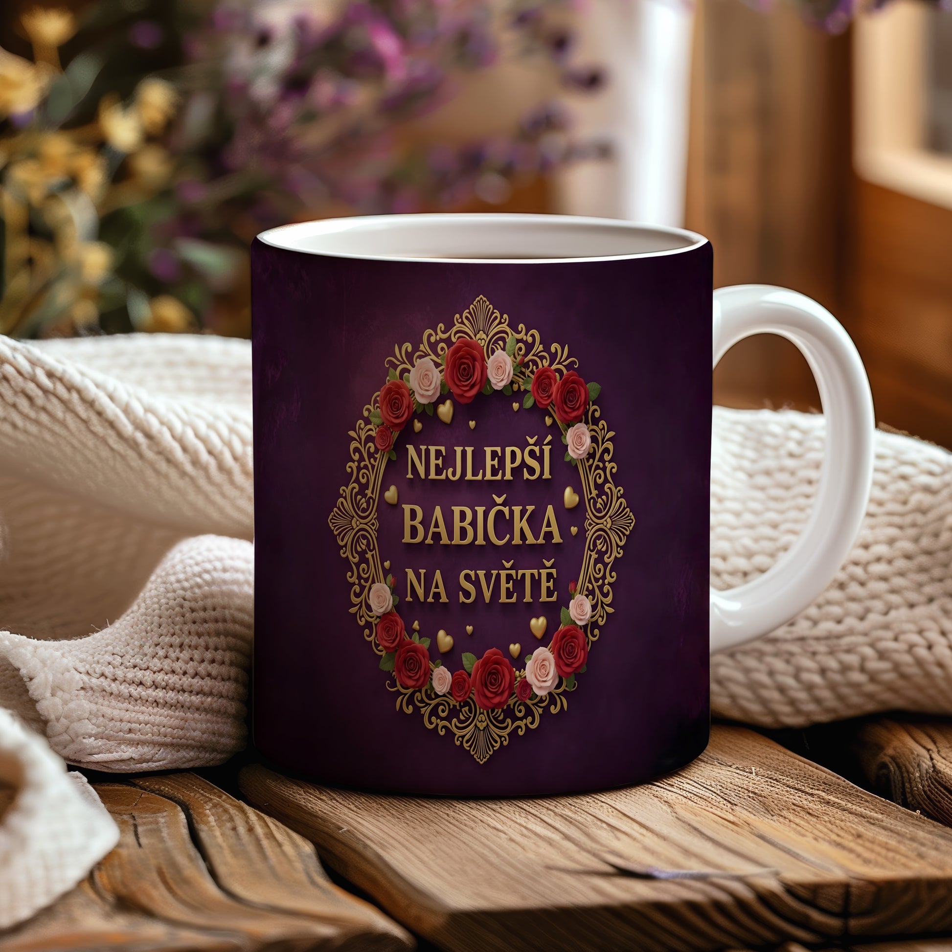 Hrnek s nápisem NEJLEPŠÍ BABIČKA NA SVĚTĚ, zdobený květinovým věncem.