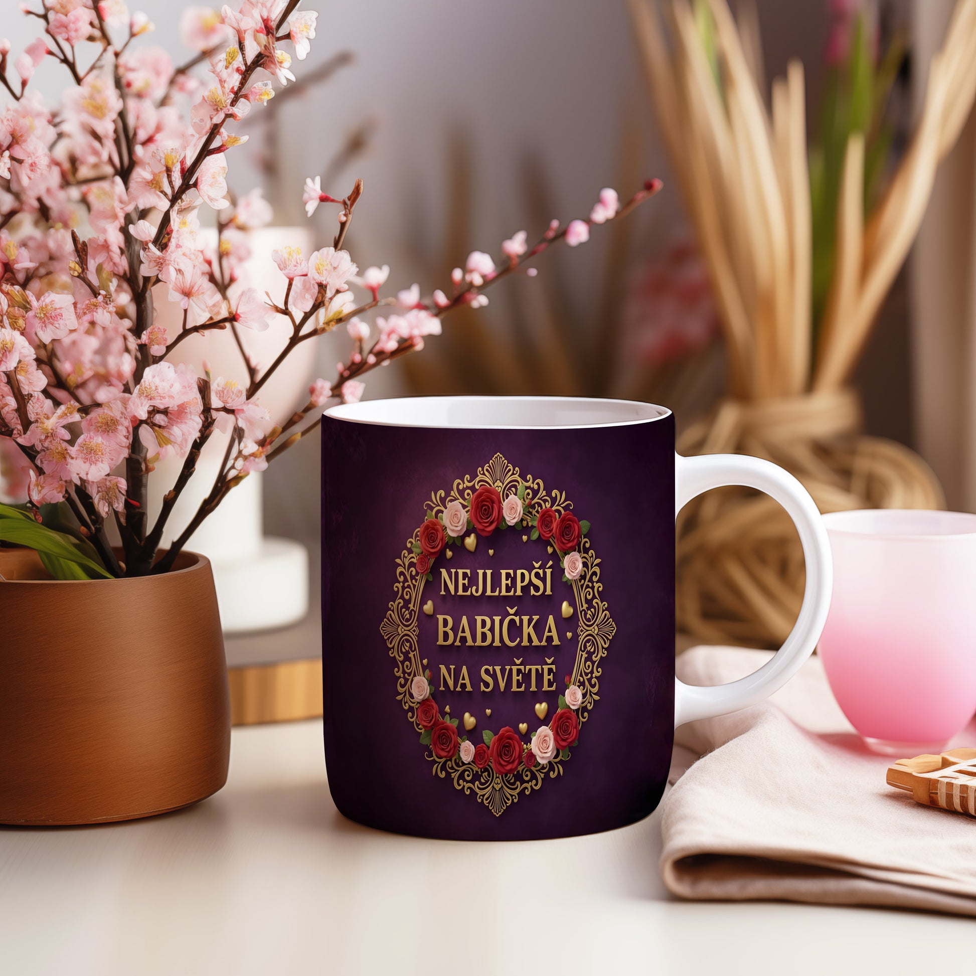 Hrnek s nápisem NEJLEPŠÍ BABIČKA NA SVĚTĚ, zdobený květinovým věncem.