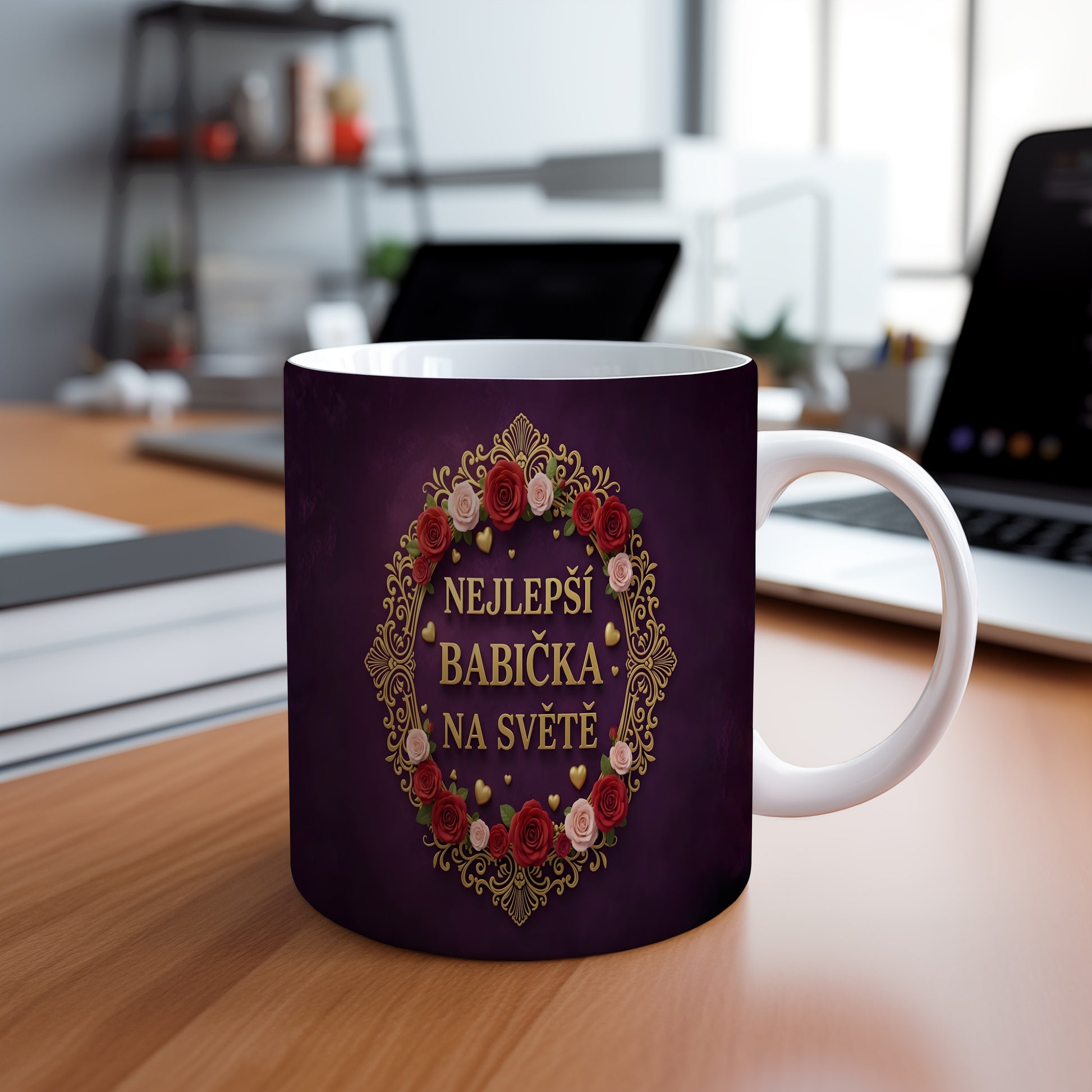 Hrnek s nápisem NEJLEPŠÍ BABIČKA NA SVĚTĚ, zdobený květinovým věncem.