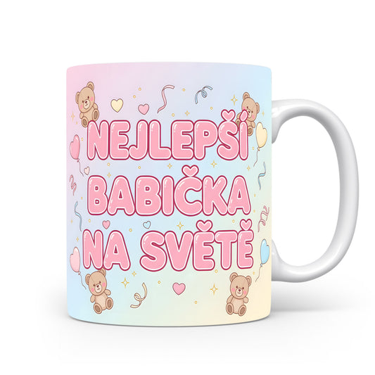 Hrnek s pastelovým motivem medvídků a srdíček.