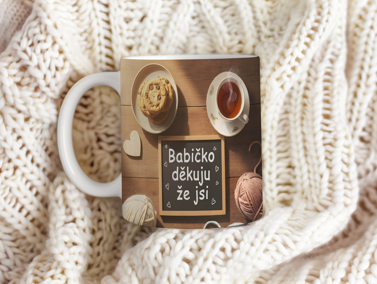 Hrnek s nápisem 'Babičko děkuju že jsi' na dřevěném pozadí s čajem a sušenkami.