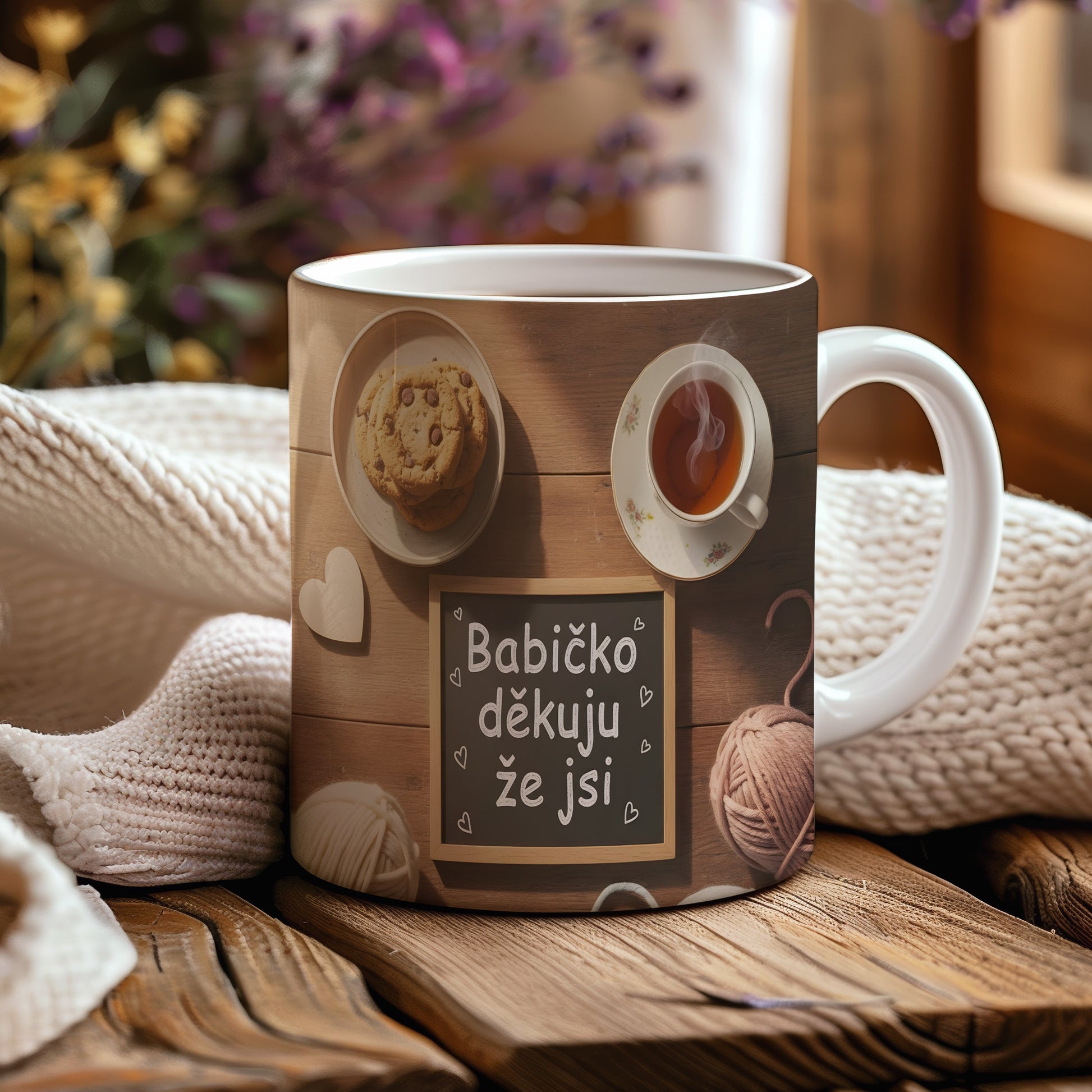 Hrnek s nápisem 'Babičko děkuju že jsi' na dřevěném pozadí s čajem a sušenkami.