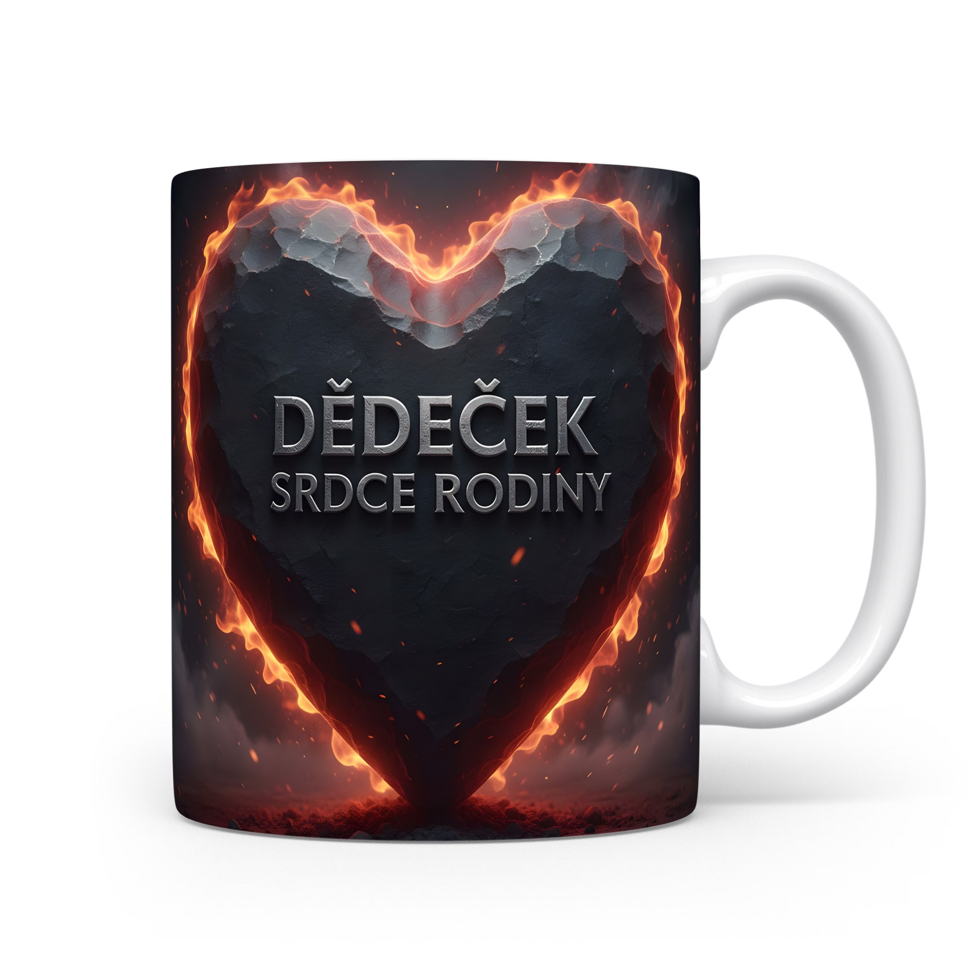 Hrnek s motivem srdce v plamenech a nápisem DĚDEČEK SRDCE RODINY.