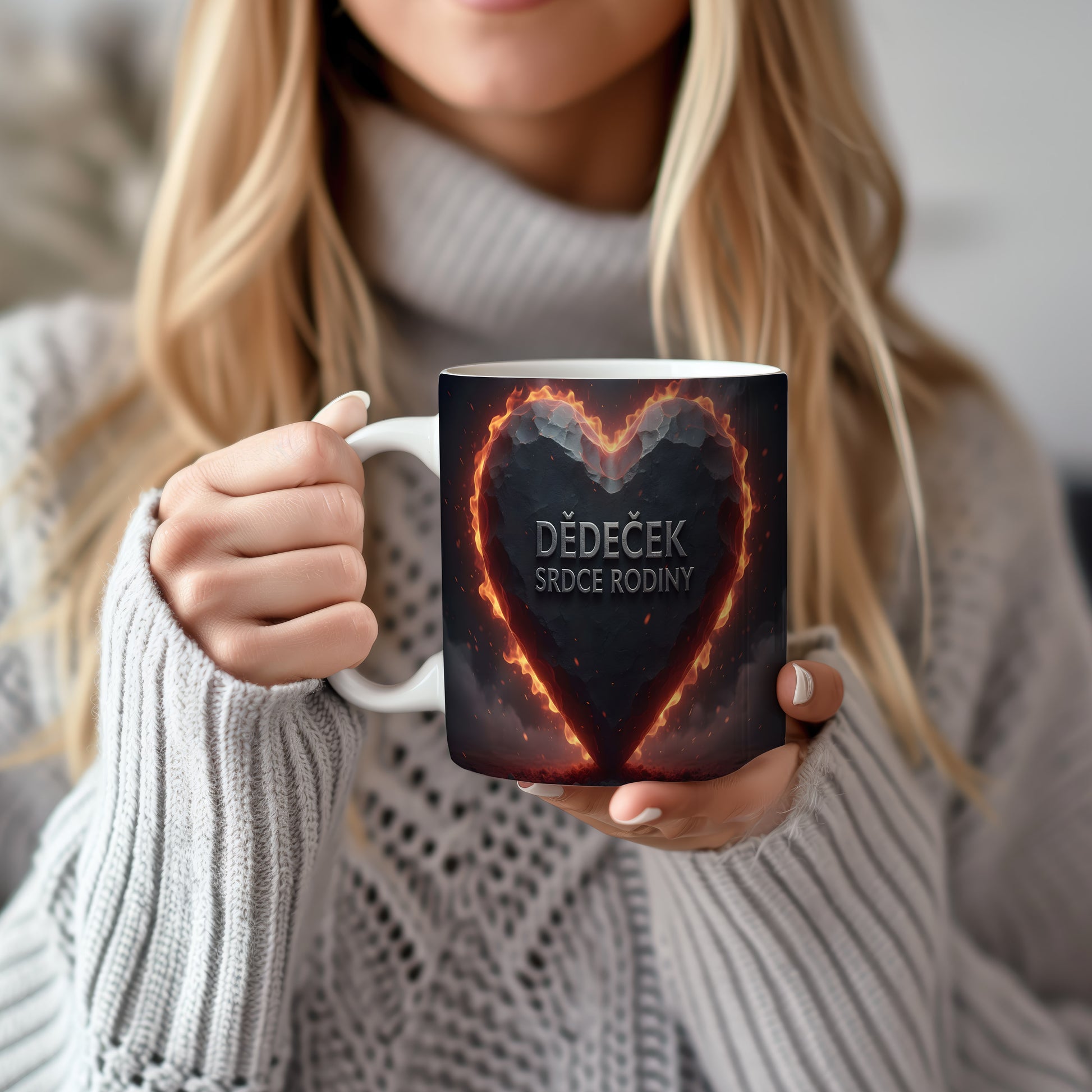 Hrnek s motivem srdce v plamenech a nápisem DĚDEČEK SRDCE RODINY.