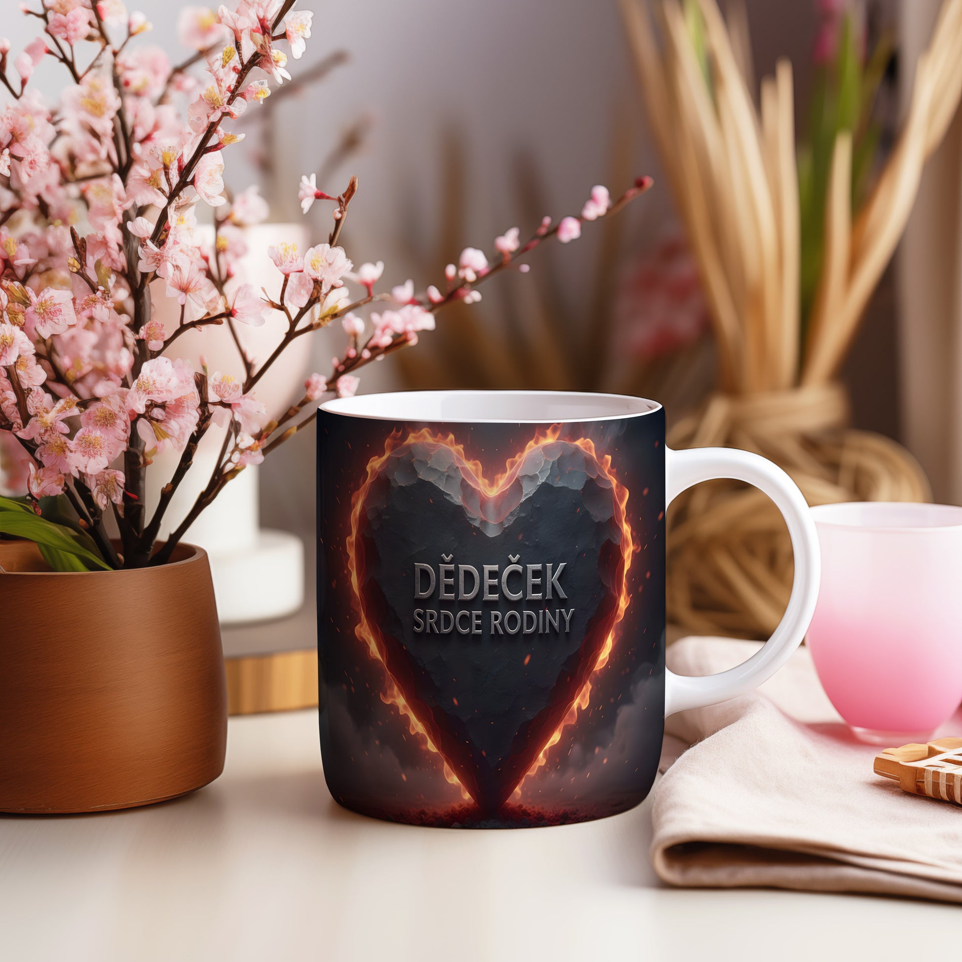 Hrnek s motivem srdce v plamenech a nápisem DĚDEČEK SRDCE RODINY.