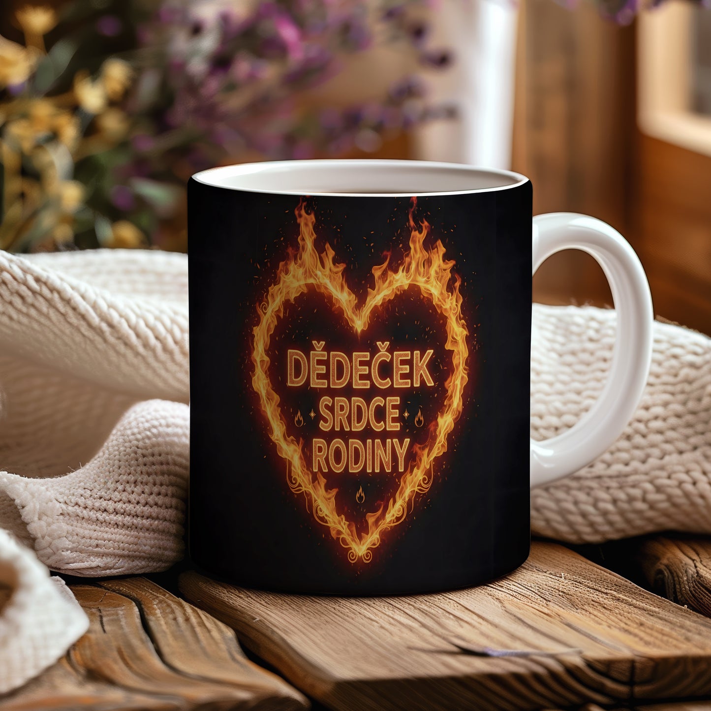 Hrnek s motivem ohnivého srdce a nápisem DĚDEČEK SRDCE RODINY.