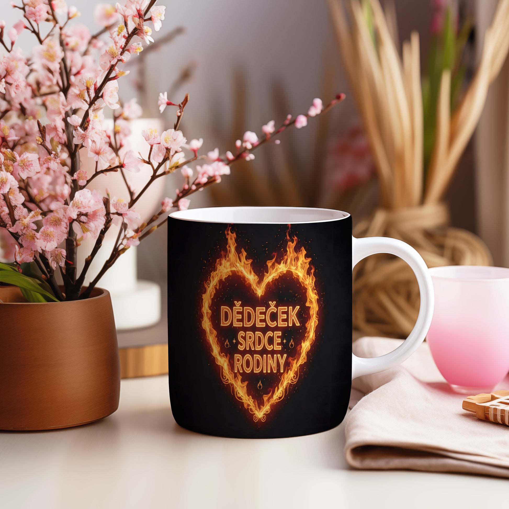 Hrnek s motivem ohnivého srdce a nápisem DĚDEČEK SRDCE RODINY.