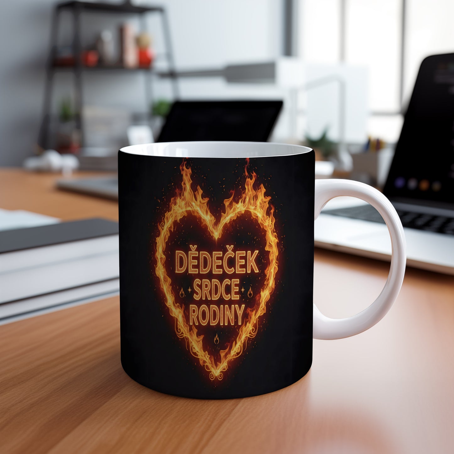 Hrnek s motivem ohnivého srdce a nápisem DĚDEČEK SRDCE RODINY.