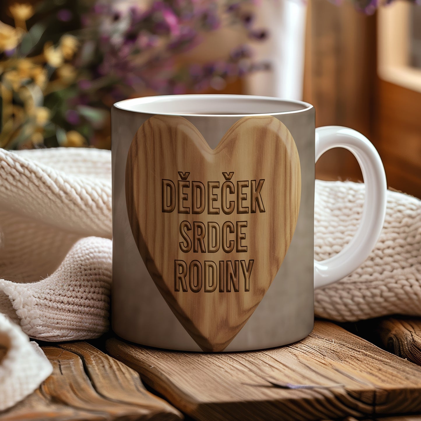 Hrnek s dřevěným srdcem a nápisem 'DĚDEČEK SRDCE RODINY'.