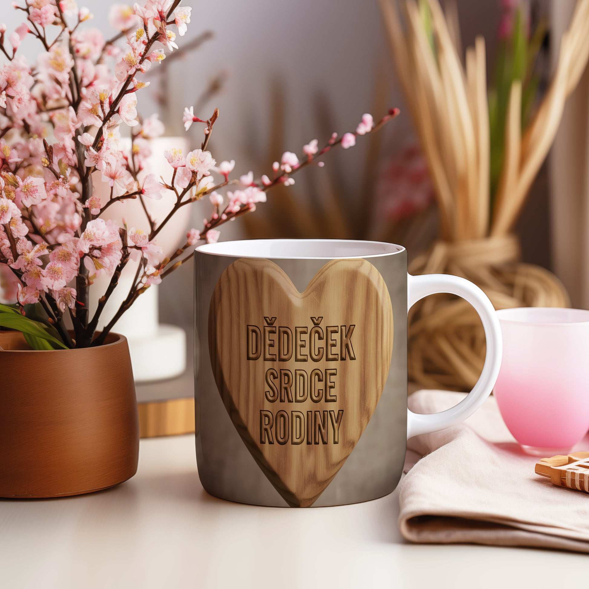 Hrnek s dřevěným srdcem a nápisem 'DĚDEČEK SRDCE RODINY'.