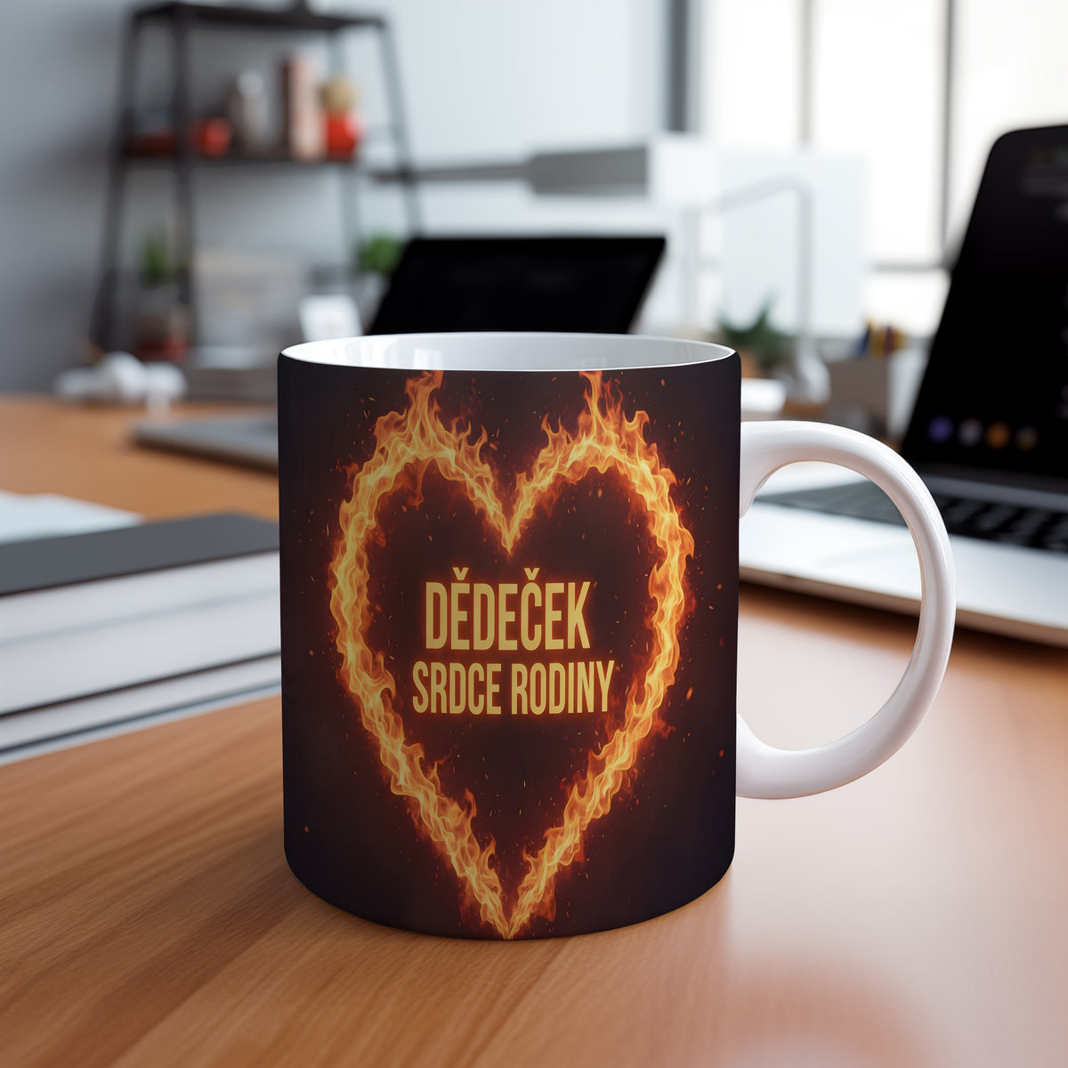 Hrnek s plamenným srdcem a nápisem DĚDEČEK SRDCE RODINY.
