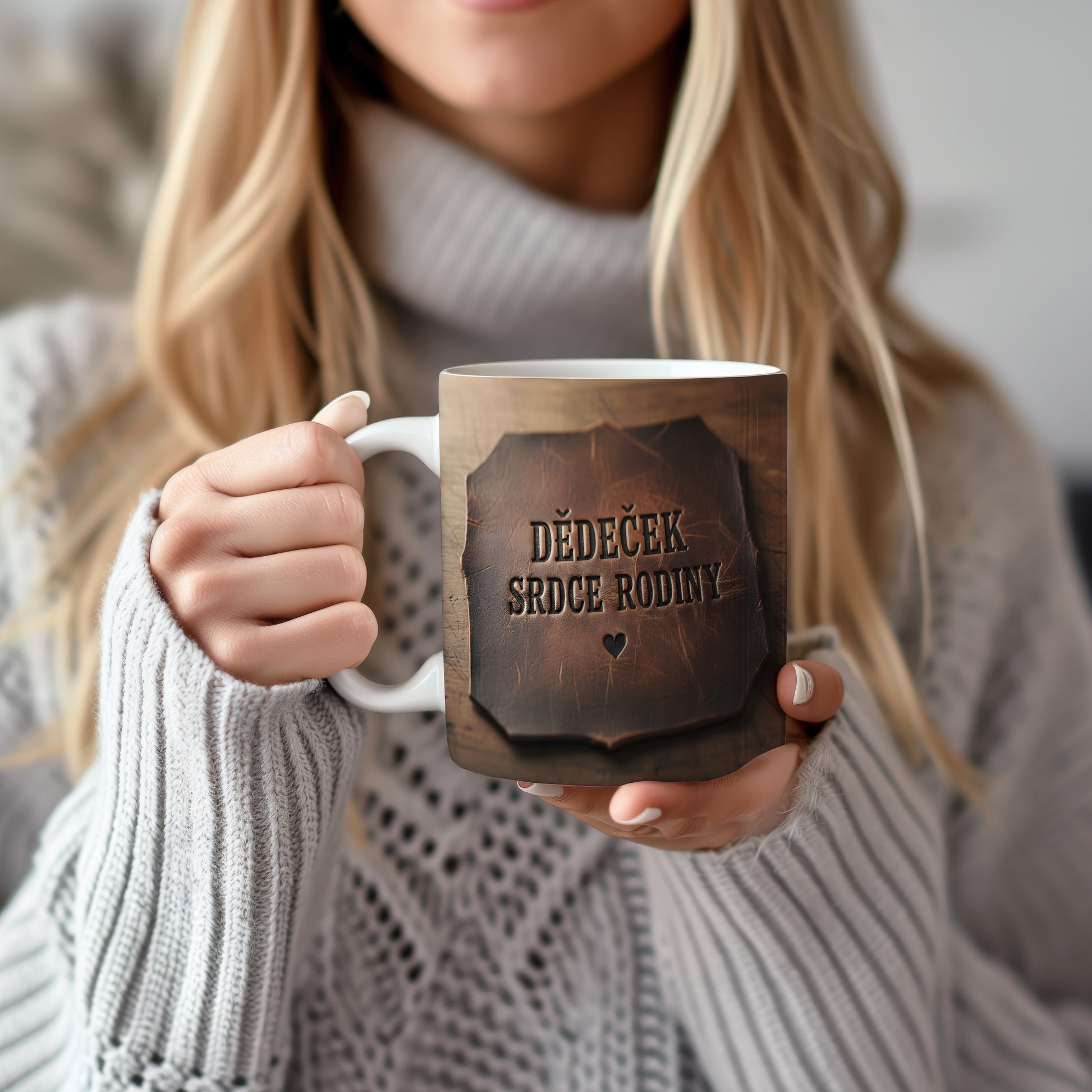 Hrnek s nápisem 'DĚDEČEK SRDCE RODINY' na dřevěném pozadí.
