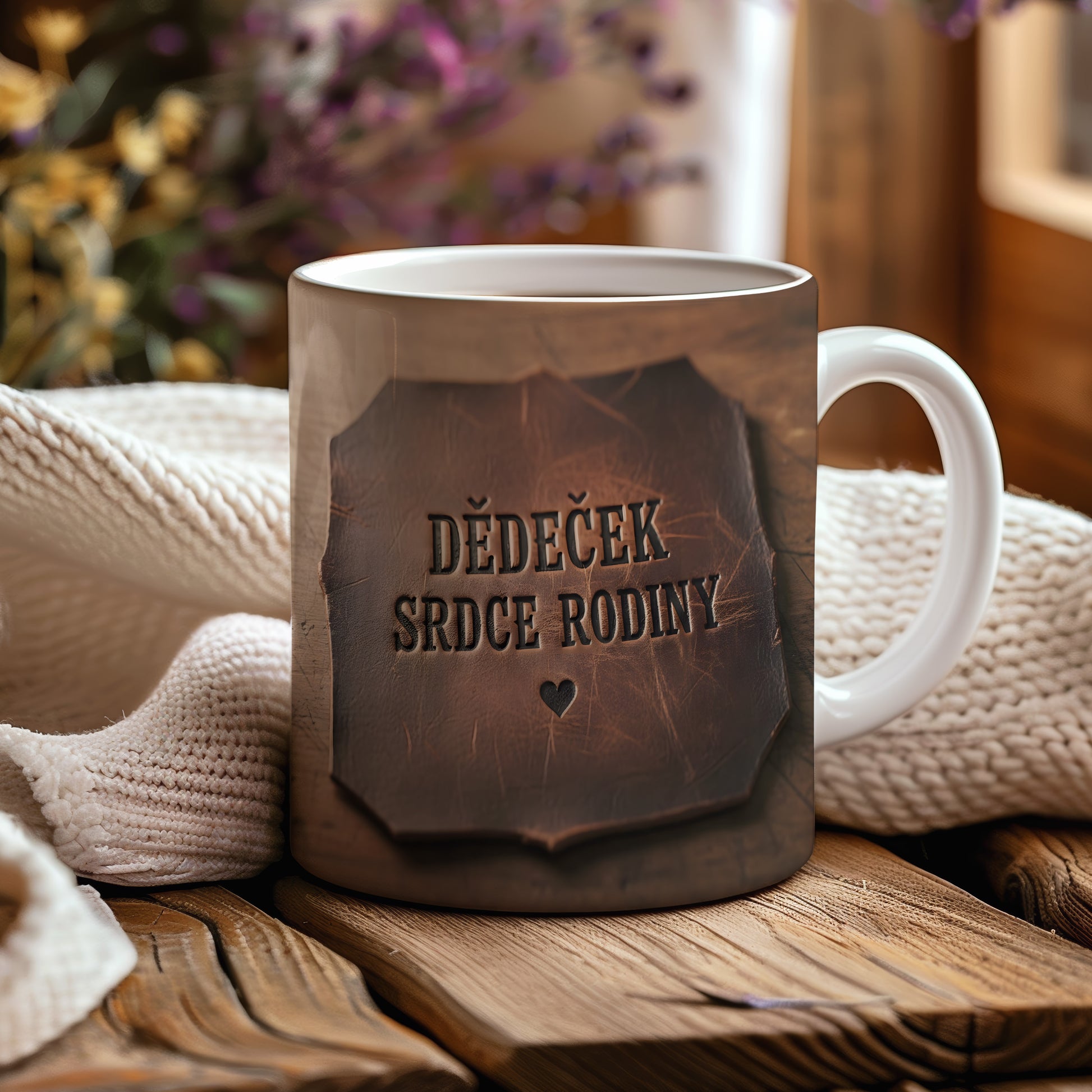 Hrnek s nápisem 'DĚDEČEK SRDCE RODINY' na dřevěném pozadí.