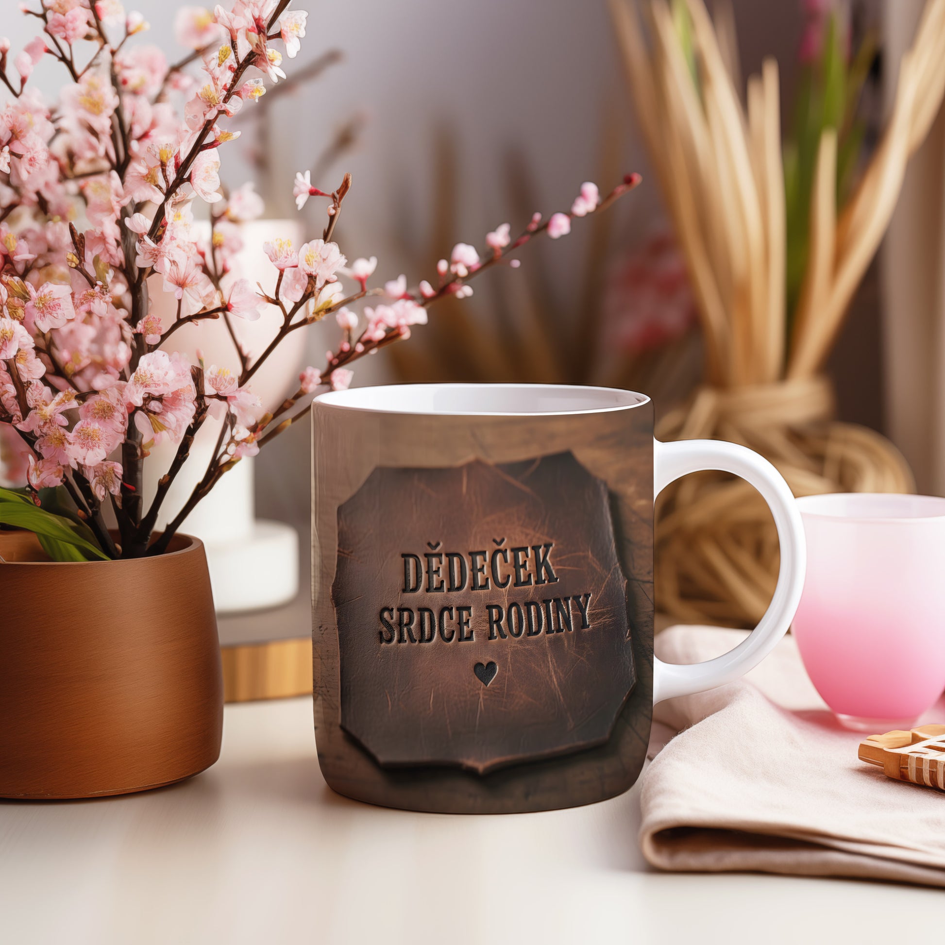 Hrnek s nápisem 'DĚDEČEK SRDCE RODINY' na dřevěném pozadí.