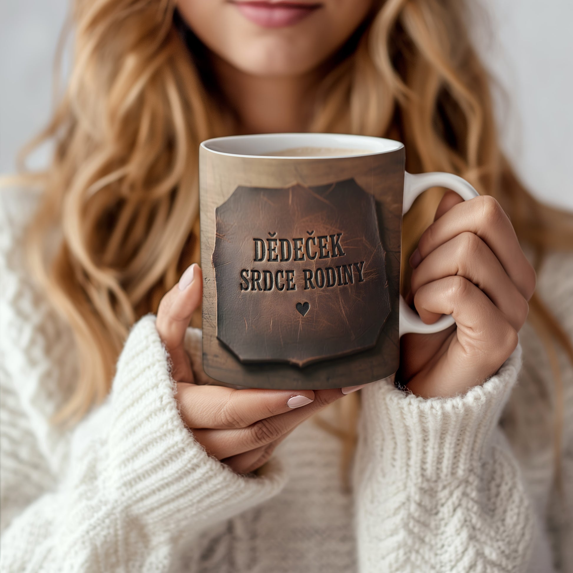 Hrnek s nápisem 'DĚDEČEK SRDCE RODINY' na dřevěném pozadí.