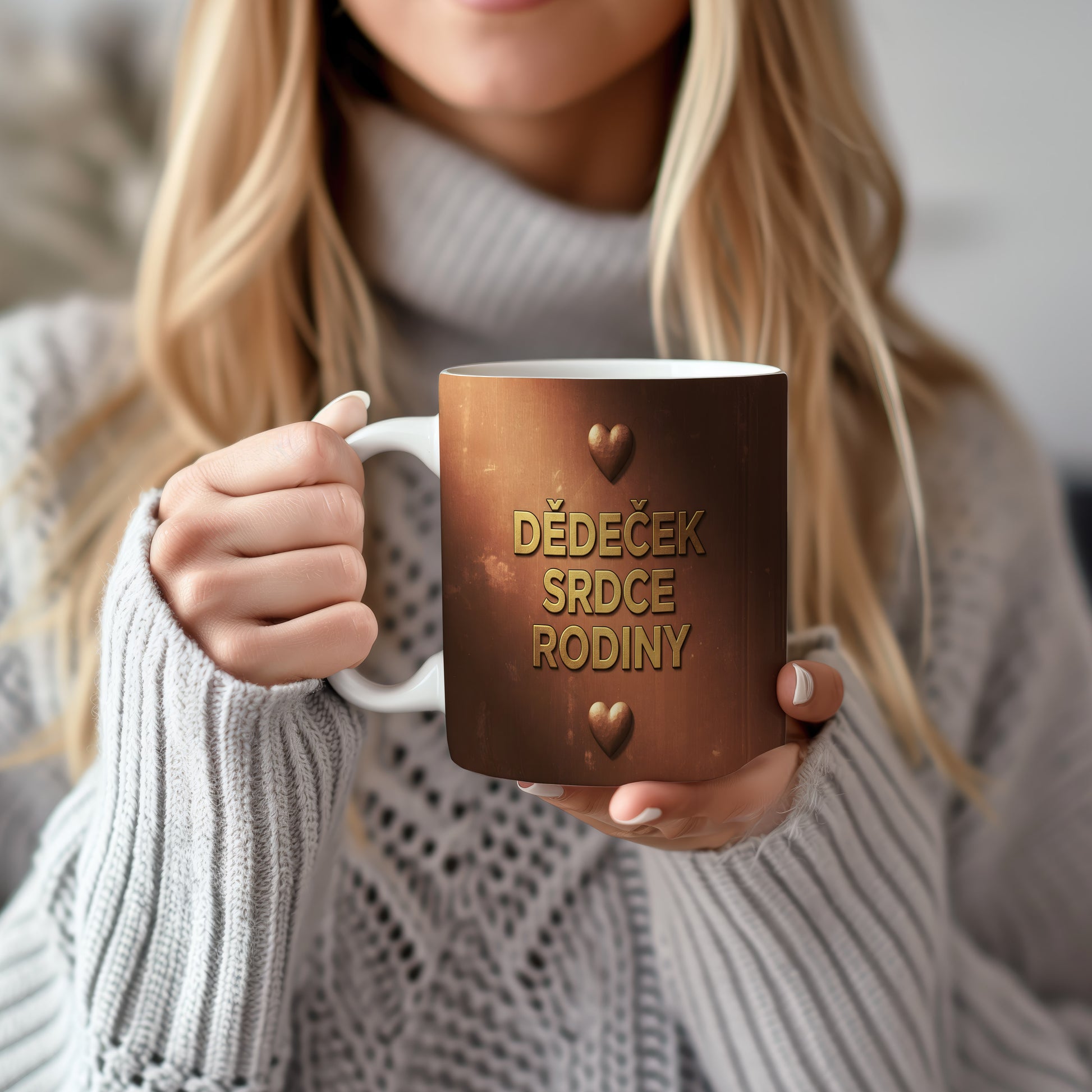 Hnědý hrnek s nápisem DĚDEČEK SRDCE RODINY a motivem srdcí.