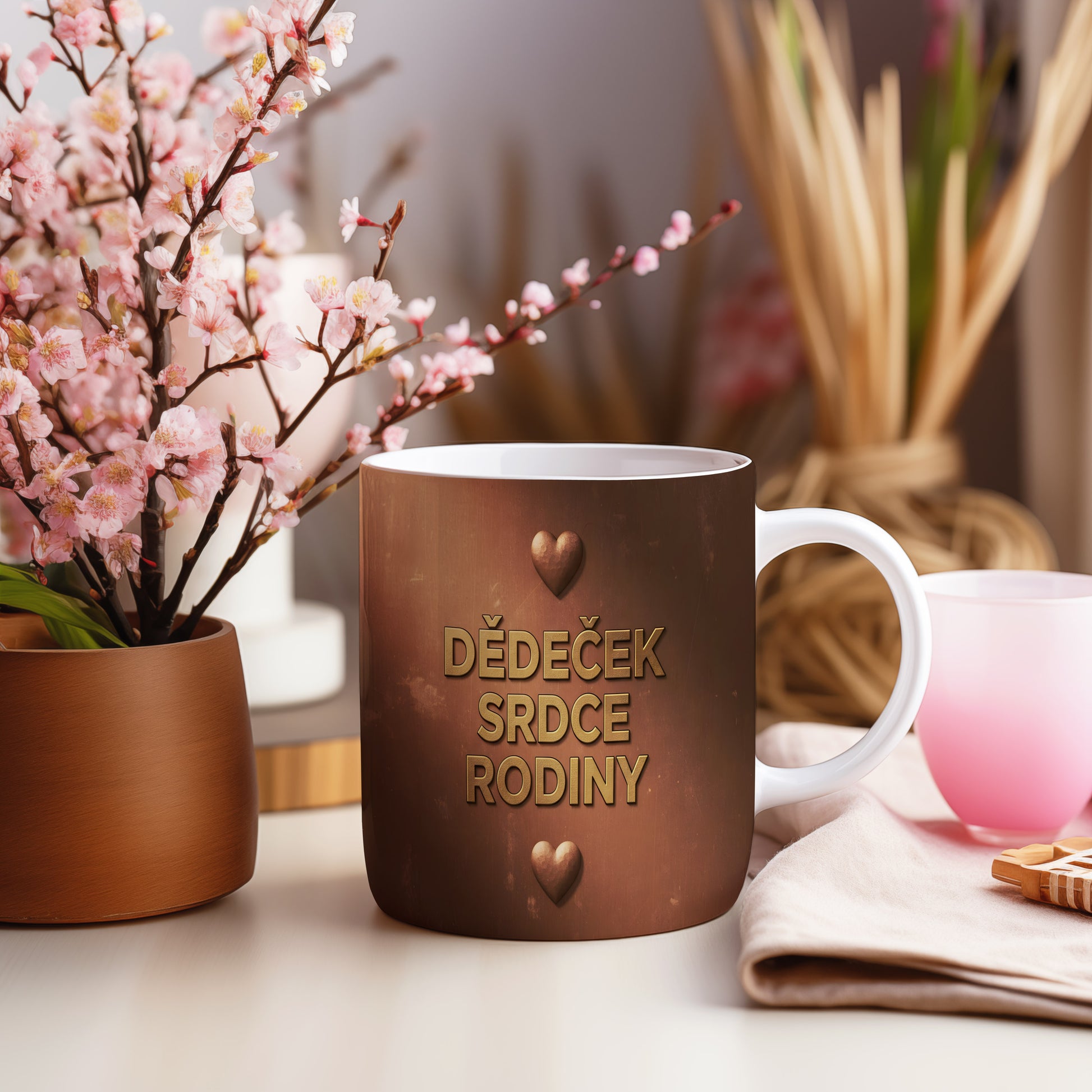 Hnědý hrnek s nápisem DĚDEČEK SRDCE RODINY a motivem srdcí.