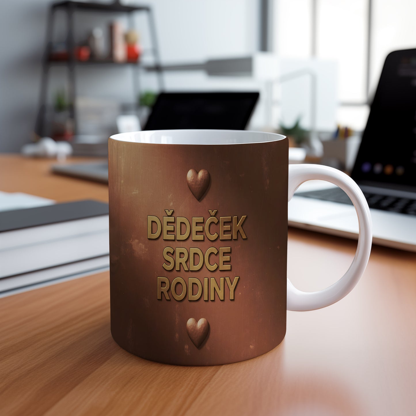 Hnědý hrnek s nápisem DĚDEČEK SRDCE RODINY a motivem srdcí.