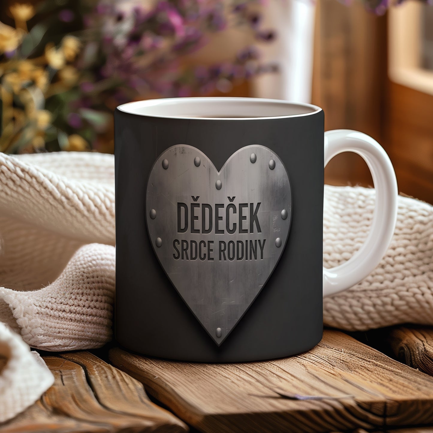 Černý hrnek s kovovým srdcem a nápisem 'DĚDEČEK SRDCE RODINY'.