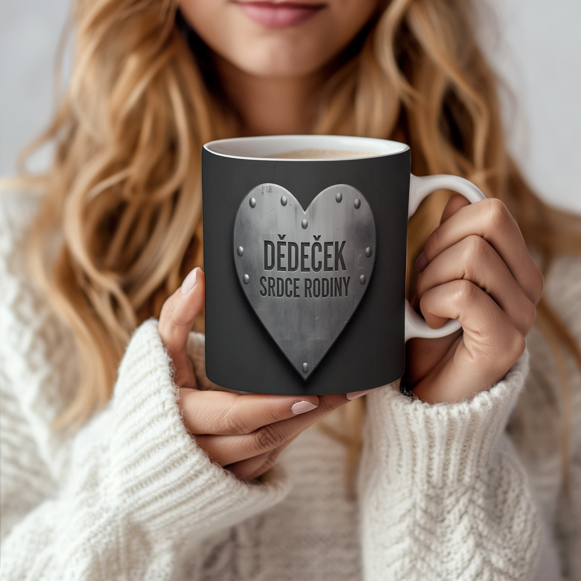 Černý hrnek s kovovým srdcem a nápisem 'DĚDEČEK SRDCE RODINY'.