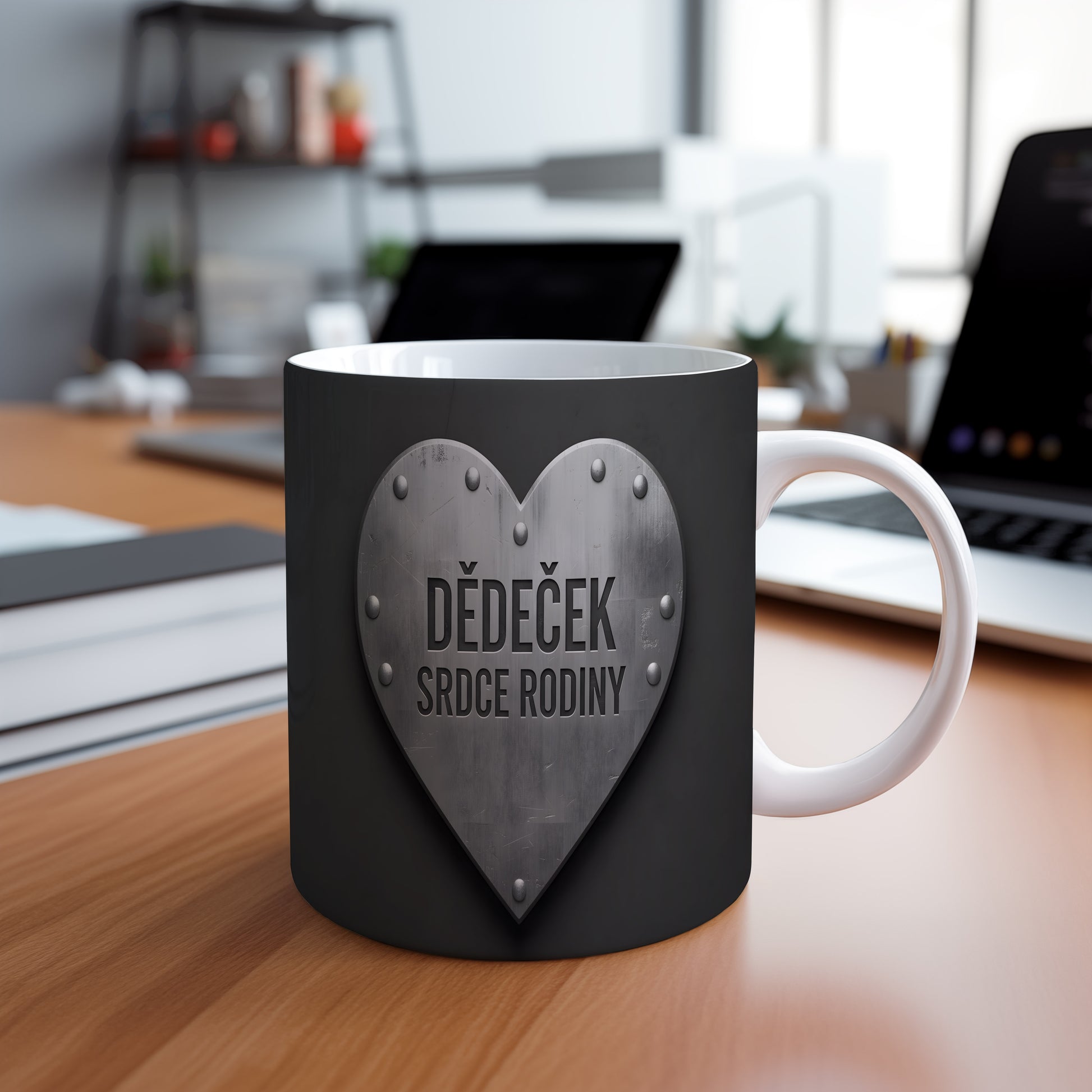 Černý hrnek s kovovým srdcem a nápisem 'DĚDEČEK SRDCE RODINY'.
