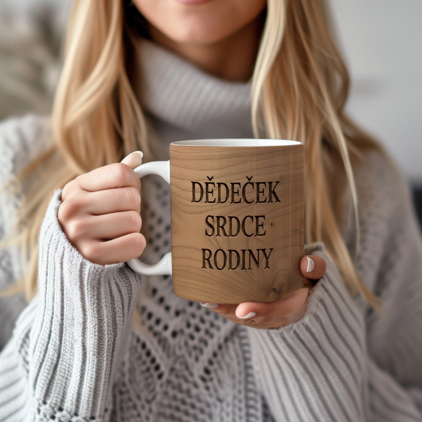 Rustikální hrnek s nápisem 'DĚDEČEK SRDCE RODINY' na dřevěném pozadí.