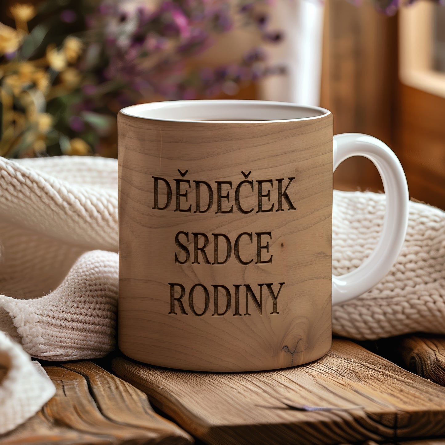 Rustikální hrnek s nápisem 'DĚDEČEK SRDCE RODINY' na dřevěném pozadí.