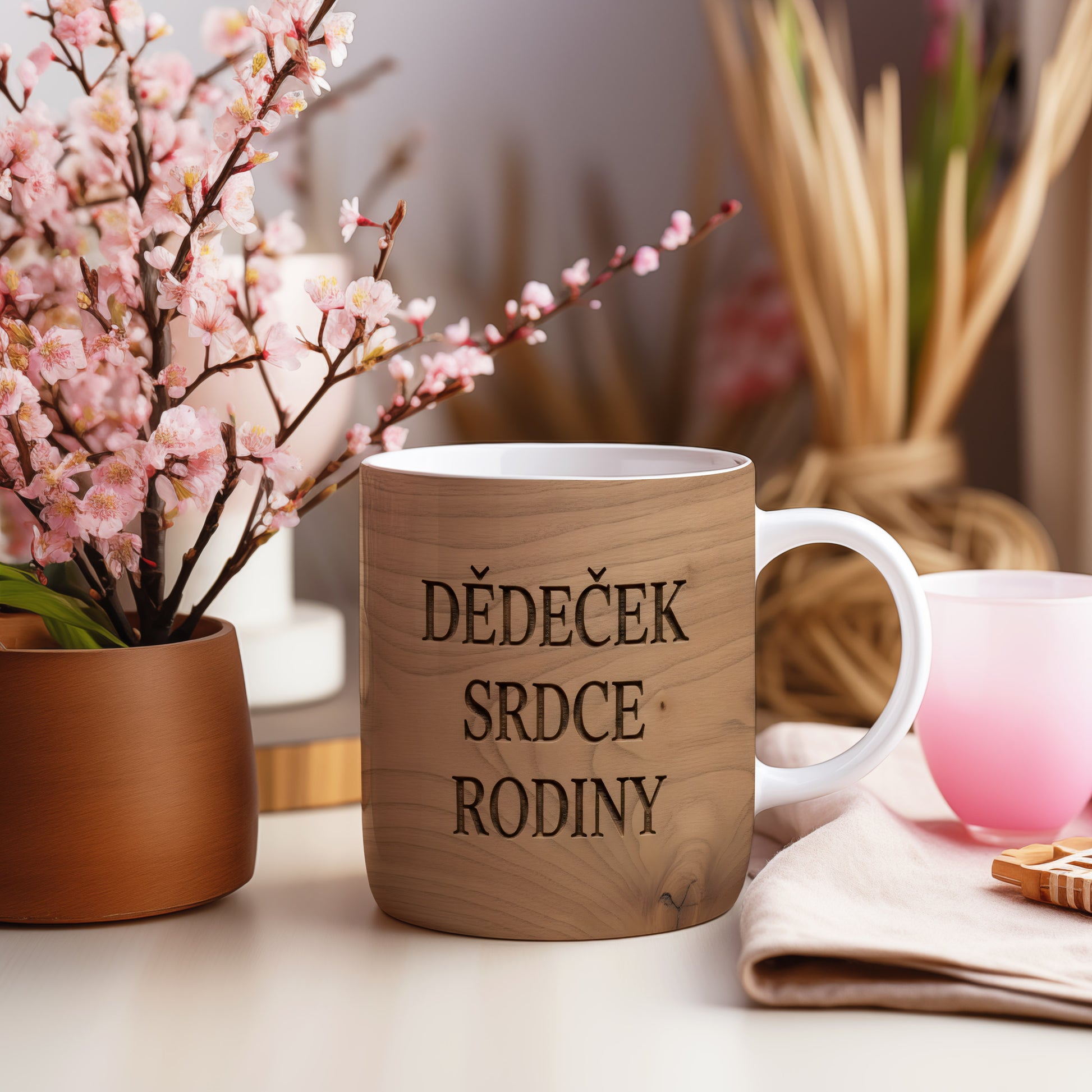 Rustikální hrnek s nápisem 'DĚDEČEK SRDCE RODINY' na dřevěném pozadí.
