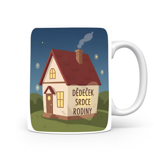 Hrnek s motivem domečku a textem 'DĚDEČEK SRDCE RODINY'.