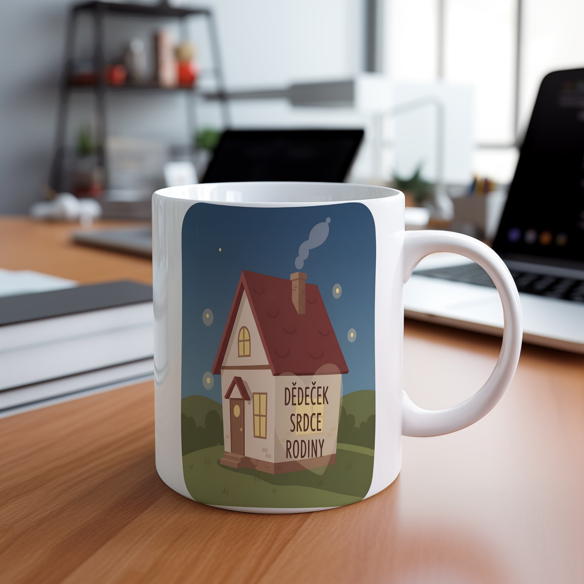 Hrnek s motivem domečku a textem 'DĚDEČEK SRDCE RODINY'.